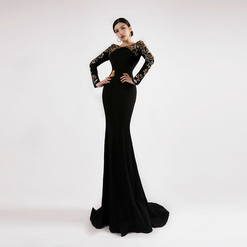 Платье ручной работы с рукавами-бисером Bai Sha, вечернее платье с вырезом для ежегодного собрания, ведущего вечера, Высококачественная юбка-годе 487