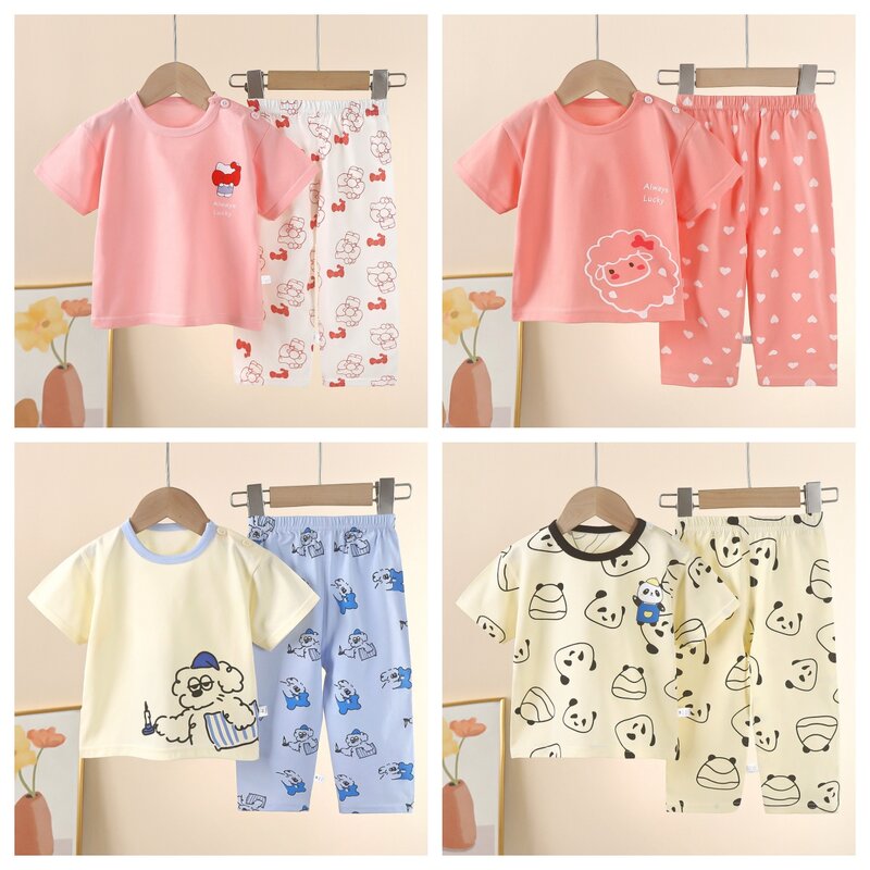 Pijamas finos de manga corta para niños, conjuntos de 2 piezas, ropa bonita para el hogar, trajes para bebés, niñas y niños pequeños, trajes de algodón