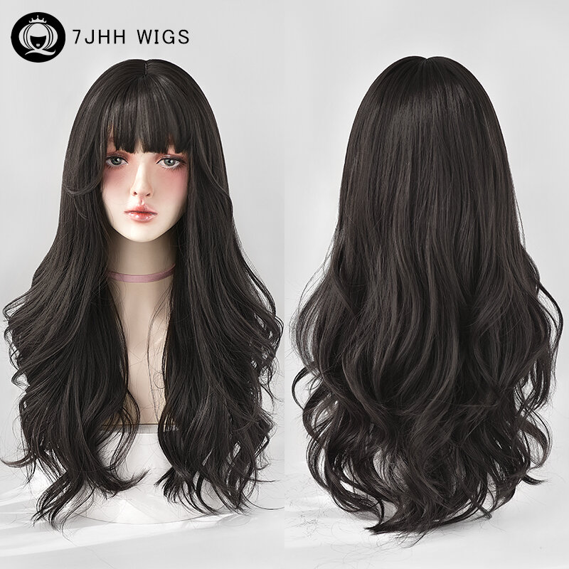 7JHH WIGS High Density Body Wave Dark Brown Wig for Women Daily Use Synthetic Loose Wavy Black Tea Wig with Neat Bangs 26 Inches