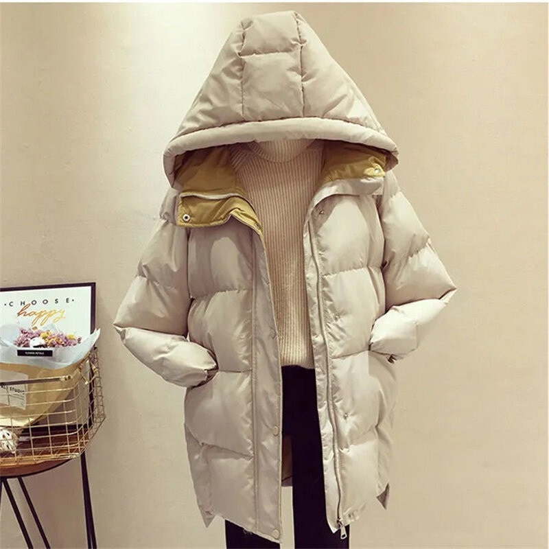 Новинка 2023, парка с капюшоном, зимняя куртка, женское повседневное однотонное плотное теплое пальто, женское модное Свободное пальто с хлопковой подкладкой, пальто большого размера