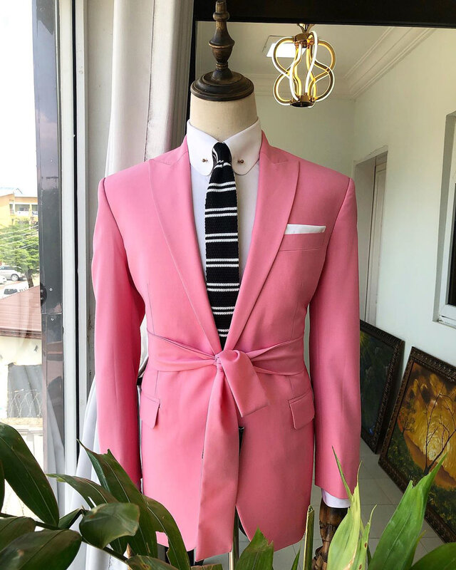 Handsome Pink Men Wedding Tuxedos 2 Pieces Peaked Lapel Groom Wear Birthday Party Fashion Show Pants Suits