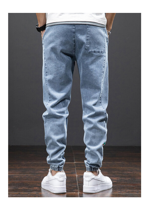 Letnie wąskie dżinsy ze sznurkiem japonia Harajuku Streetwear dżinsy Harlem Casual biegaczy męskie męskie siedem spodni