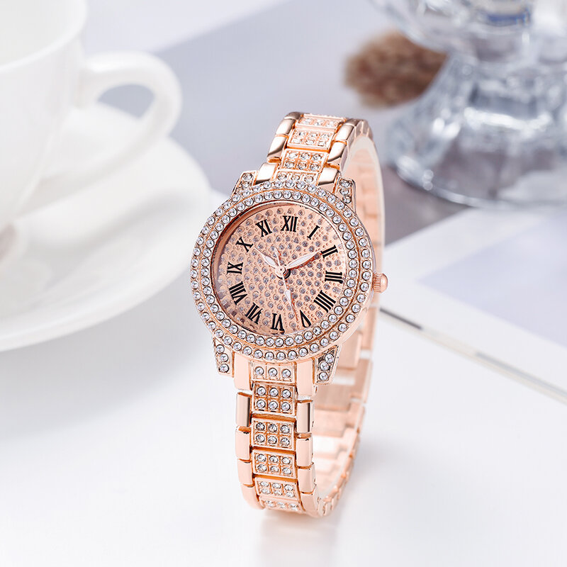 Wysadzane diamentami zegarki damskie z kryształkami górskimi stalowy pasek luksusowe zegarki damskie w skali rzymskiej sprzedaż hurtowa
