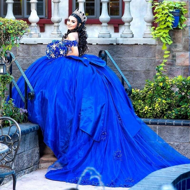 Azul Royal Cristal Beading Bow vestido de baile, Vestidos Quinceanera, Spaghetti Strap, Apliques Renda Espartilho, 15 anos