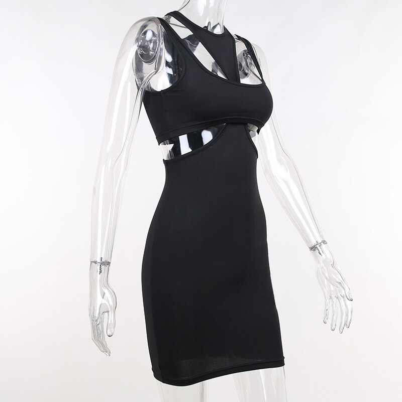 Woman 2pcs dress Solid Color Hollow out Sleeveless Vest dress +Crop Vest dress M