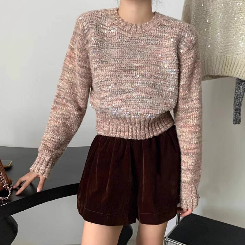 French Sequins Knitshirts Women Autumn Winter O-neck Pullover Sweater All-matched Long Sleeve Female Knitted Tops
