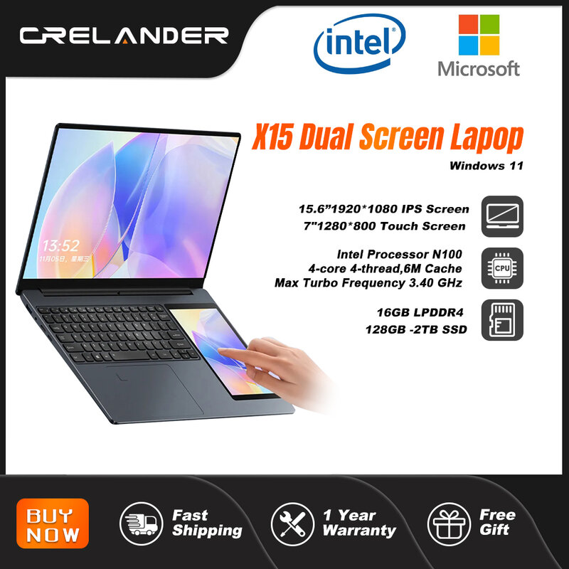 CRELANDER  X15 ordinateur portable à double écran 15.6 "IPS + 7" écran tactile 16g ddr4 2tb SSD processeur Intel N100 ordinateur portable Windows11