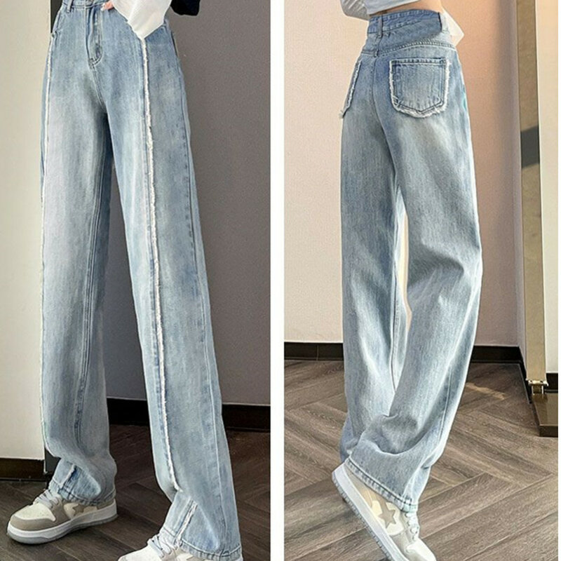 Женские джинсы с высокой талией, свободные облегающие прямые широкие брюки с высокой талией, весна-осень 2024