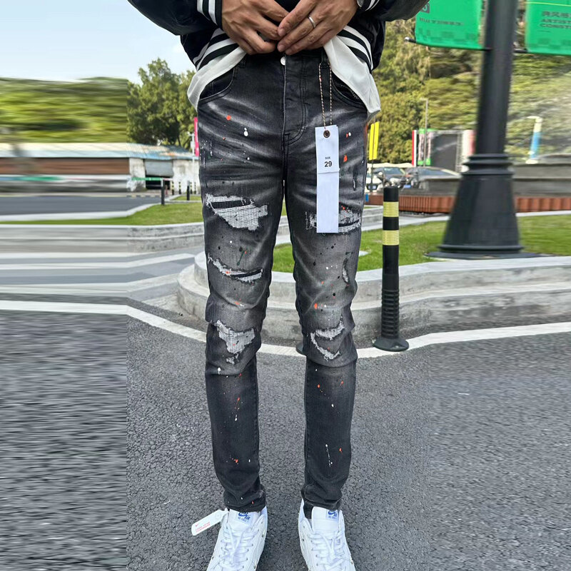 Główna ulica modne męskie jeansy w stylu Vintage sprane elastyczne obcisłe malowane dżinsy designerskie Hip Hop czarne Grey spodnie hombre
