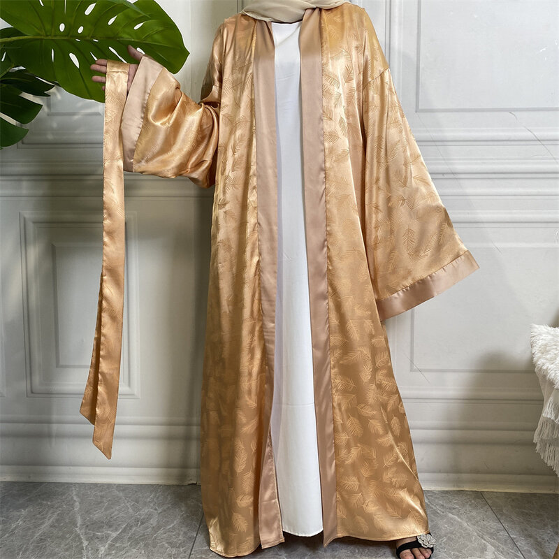 Wepbel Fashion Muslim Open Abaya Solid Color Women Kimono Caftan Printed Satin Cardigan Robe Loose Sleeves Muslim Ramadan Kaftan