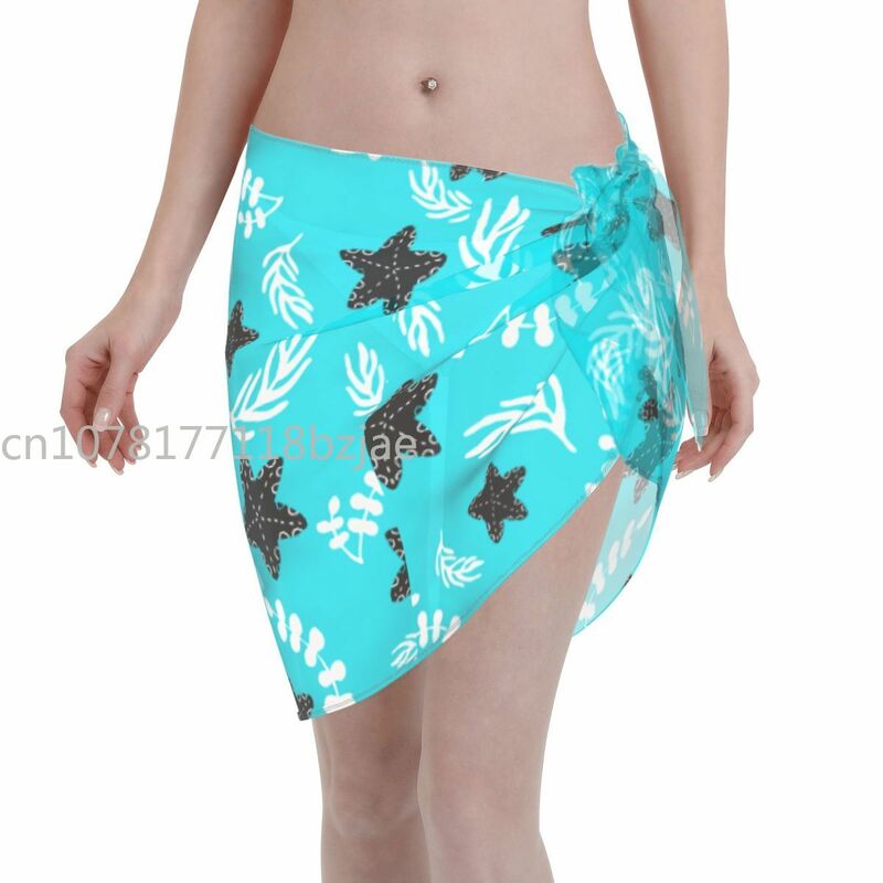 Chiffon Swimwear Pareo Black Starfish In Sky Blue Beach Cover Up Wrap Sarong Skirts Beach Wear Swimsuits Bikinis Cover Ups