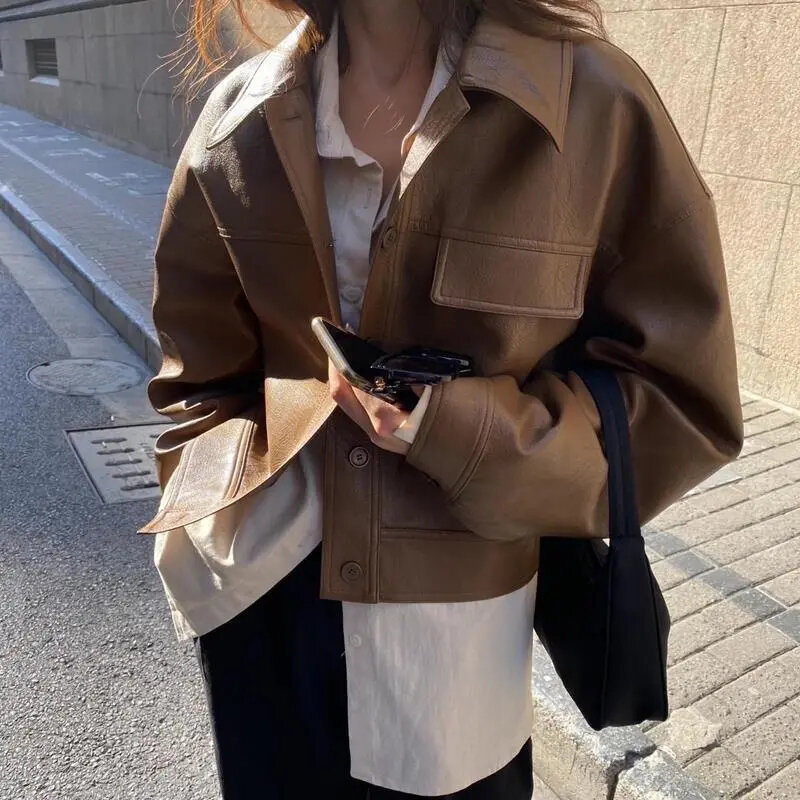 Kurtka skóra ekologiczna na jesień Y2K damska koreańska wysokiej jakości elegancka, w stylu Streetwear płaszcze z długim rękawem zimowa odzież wierzchnia kołnierz na dół