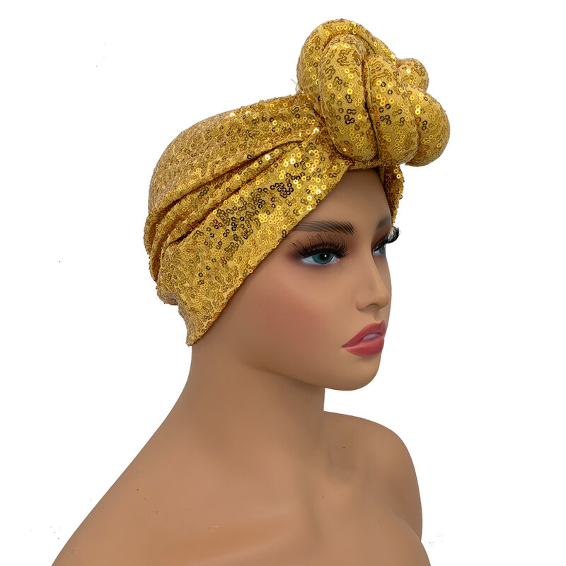 Sequins Twisted Flower Turban Cap for Women Fashion African Female Head Wraps Muslim Headscarf Bonnet Turbante Mujer