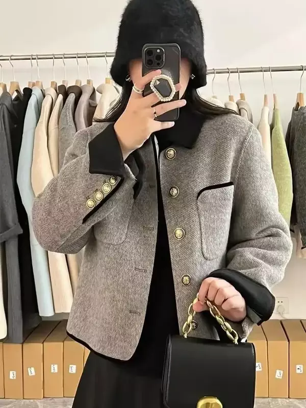 Jaket Vintage wanita, mantel berlapis abu-abu pendek pakaian wol kerah kontras musim gugur musim dingin Harajuku