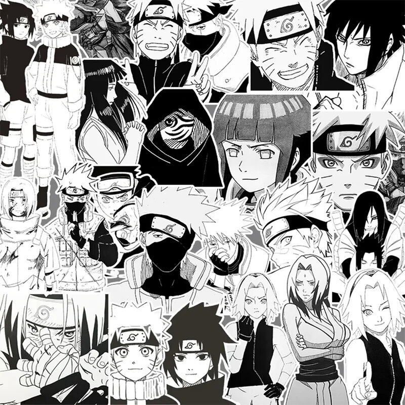 Naruto anime adesivos, adesivos preto e branco, legal, desenhos animados, graffiti, para telefone, skate, mala, à prova d'água, diy, 10, 30, 50, 100pcs