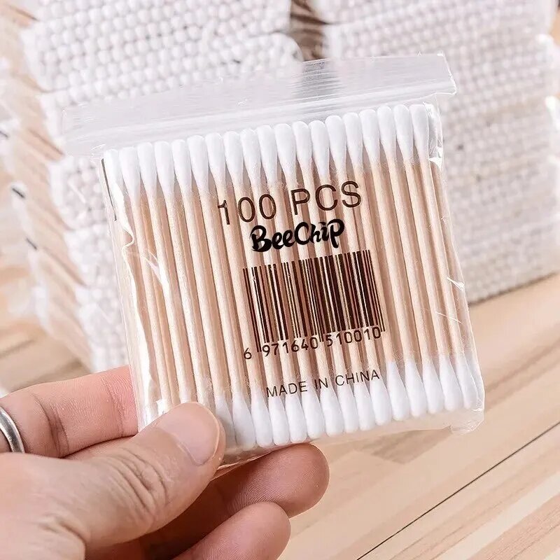 200PCS Wooden Double-Ended Cotton Swabs Make-Up Cleaning Disposable Cotton Swabs Medical Household Hygiene Ear Pulling