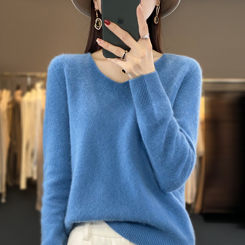 2023 kaszmirowy sweter damski sweter z dzianiny 100% z czystej wełny merynosów zimowy moda Basic z dekoltem w szpic elegancki Top jesienny ciepły sweter