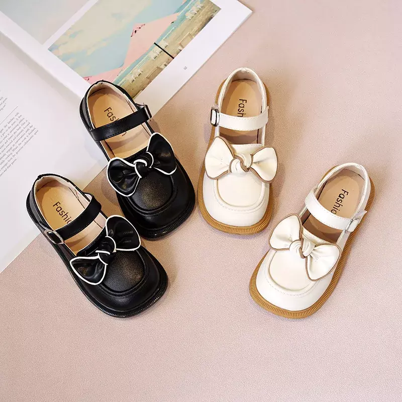 Children's Leather Shoes Spring Autumn Bowtie Princess Shoes for Girls Fashion Causal Kids Soft Bottom Mary Jane Shoes Hook Loop