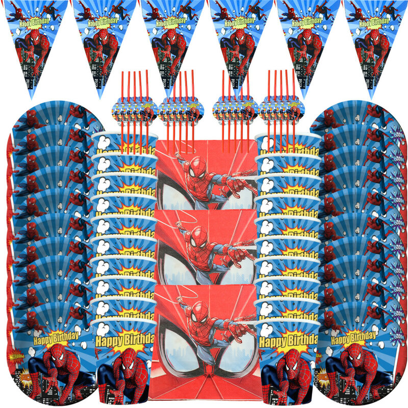 Kartun Populer Spiderman Dekorasi Pesta Ulang Tahun Peralatan Makan Sekali Pakai Set Cangkir Kertas Piring Pesta Baby Shower Perlengkapan Pesta Anak Laki-laki