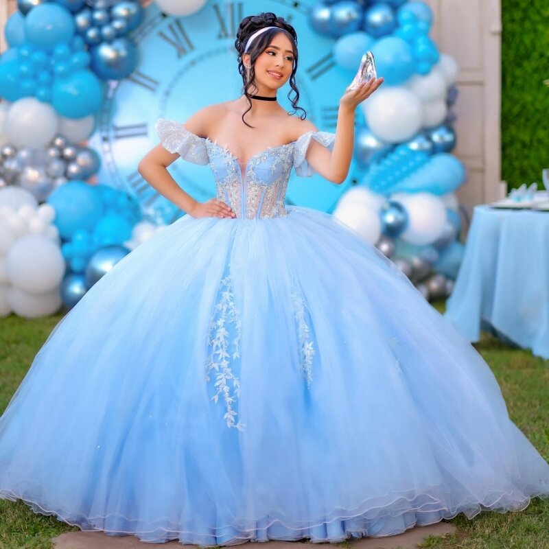 Vestidos Quinceanera azul céu com decote em V, aplique fora do ombro, bordado com renda, vestido de princesa formal, vestidos luxuosos, 15 anos