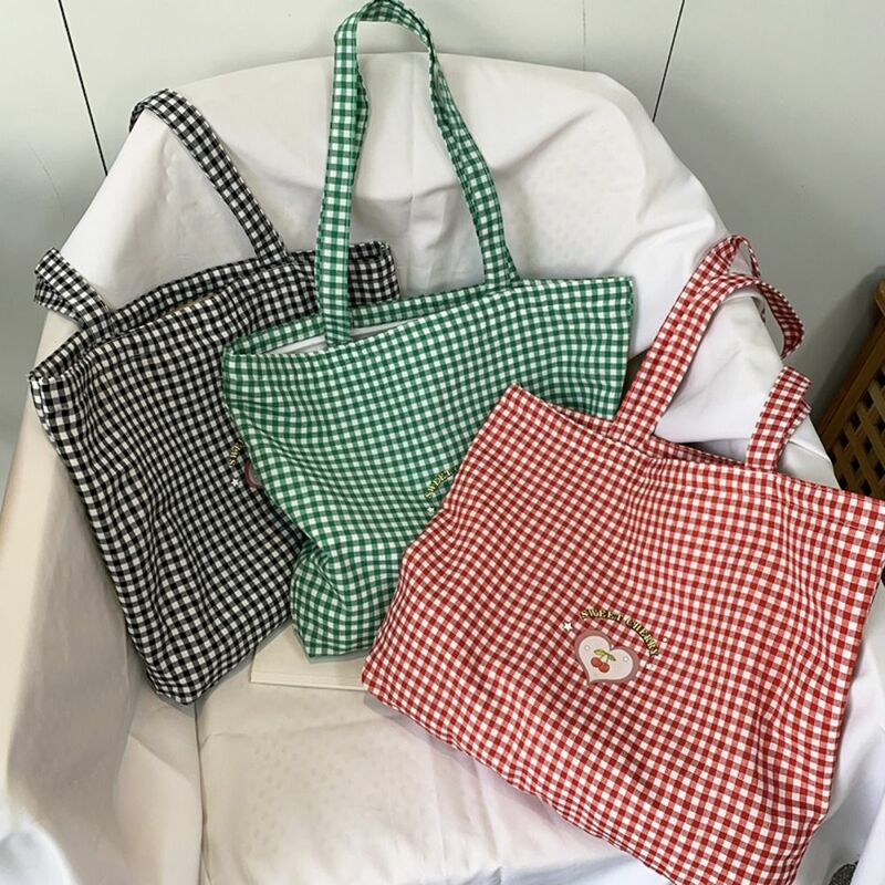 Fresh Canvas Plaid Handbag Contrast Color Plaid Love Cherry Pattern Shoulder Bag Zipper Crossbody Bag Travel