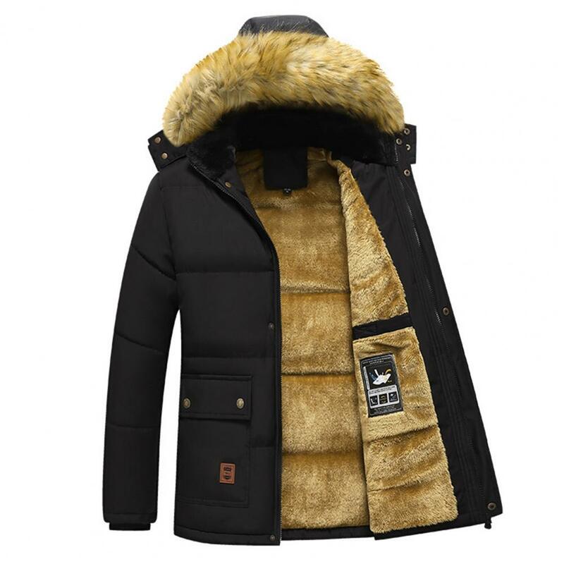 Thickened Plush Men Winter Coat Plush Solid Color Hooded Men Padded Cotton Coat Outdoor Wool Liner Hooded Jacket Snow Parkas
