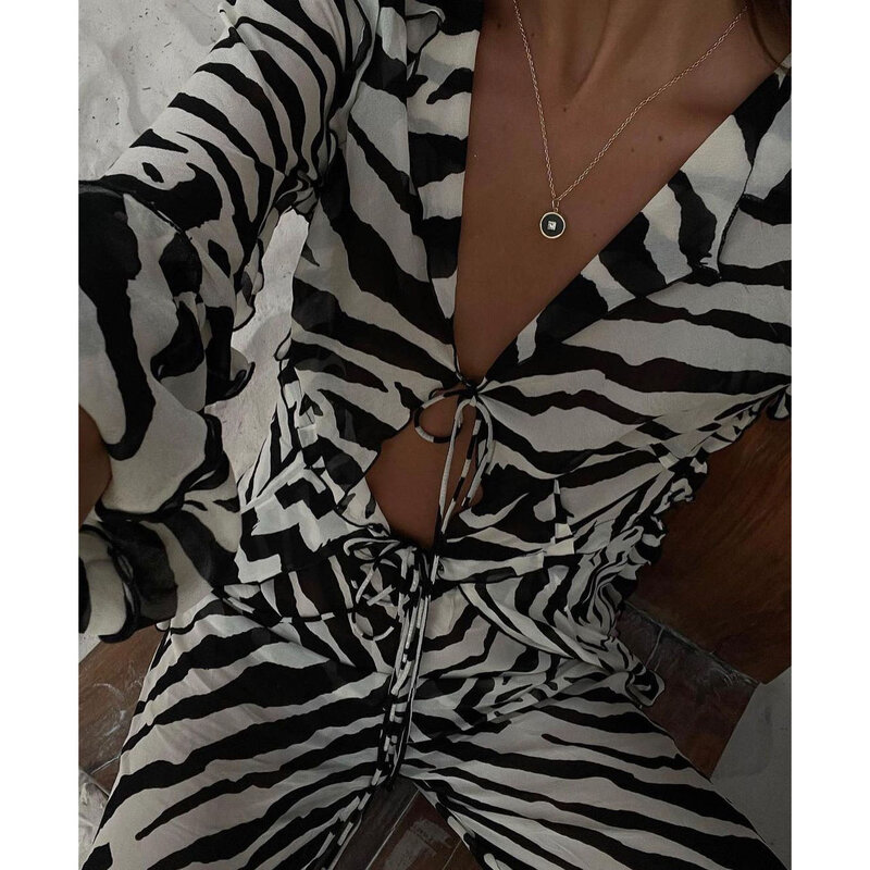 Женский спортивный костюм из топа и брюк, повседневный бандажный комплект из двух предметов с принтом зебры и длинными рукавами, Y2k