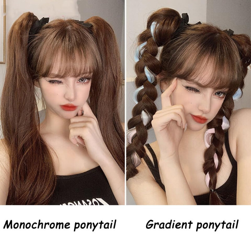 Wig ekor kuda panjang, aksesoris rambut sambungan highlight modis unik untuk wanita gadis Wig tanpa lem siap dipakai