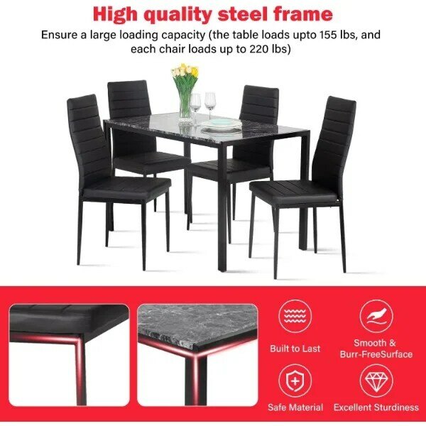 PayLessHere Set meja makan dan kursi, Modern meja marmer persegi panjang dengan 4 kursi kulit PU untuk ruang makan dan dapur