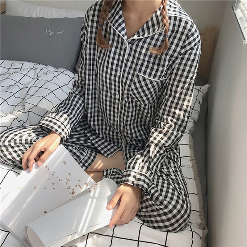 Feminino 2 peça conjunto de pijama xadrez algodão mistura pijama feminino sleepwear manga longa lapela camisa calças homewear loungewear
