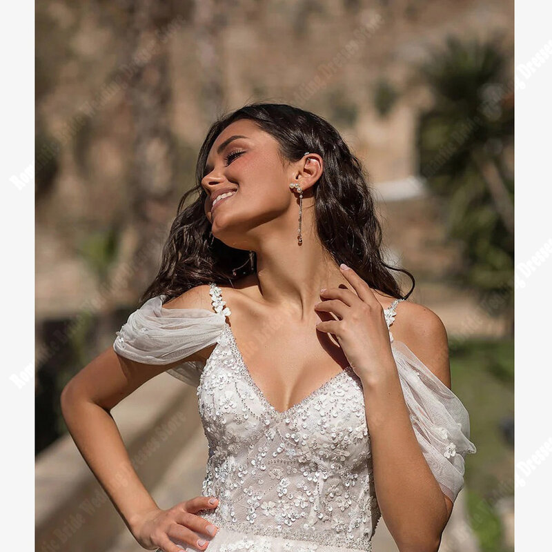Elegant V Neck Women Wedding Dresses Bright Tulle Backless Bridal Gowns New Off Shoulder A-Line Mopping Length Vestidos De Novia