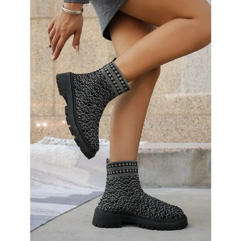 Chunky Heel Chelsea Boots para mulheres, sapatos de plataforma, botas de meia, Round Toe, plus size, moda, outono, inverno, 2024