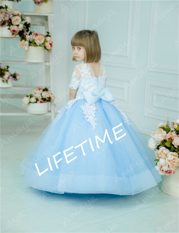 Sky Blue Flower Girls Dresses for Wedding Puffy Half Sleeves Lace Appliques Pageant Birthday Gowns Vestido de Niña