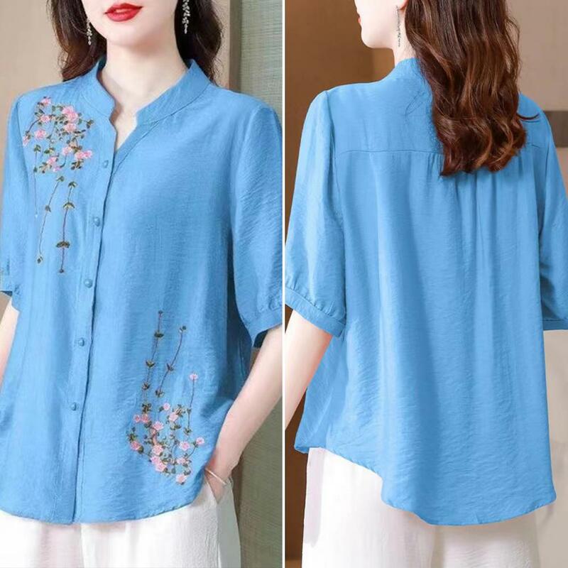 Women Shirt Floral Embroidery Stand Collar Women's Shirt Loose Fit Short Sleeve Summer Blouse Single Breasted Spring Top Loose