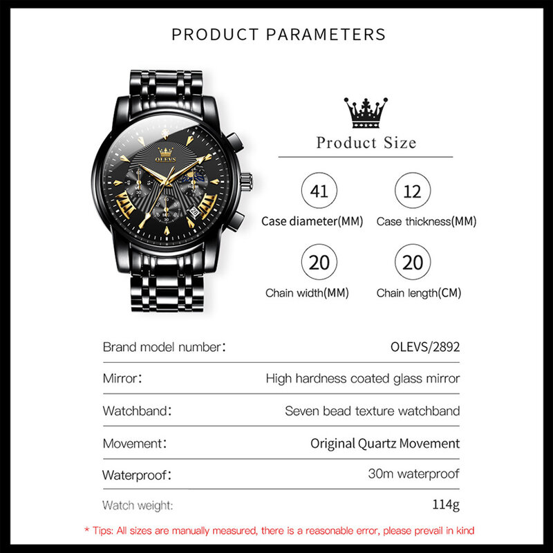 OLEVS Fashion orologio da uomo in acciaio inossidabile con cronografo a fase lunare orologio al quarzo impermeabile luminoso orologi Casual per uomo Reloj