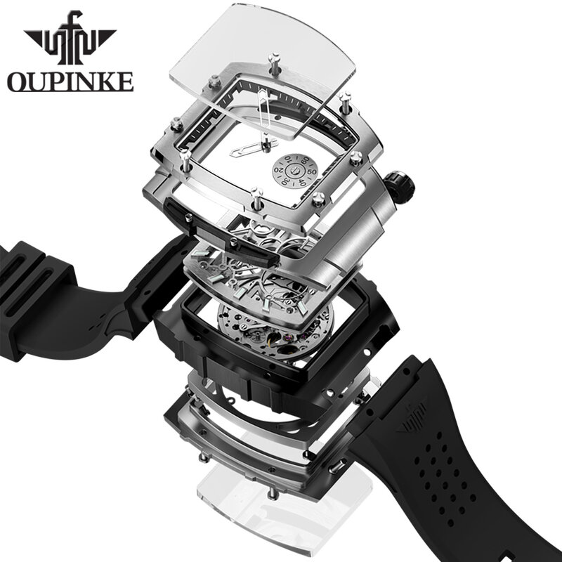 OUPINKE-Esqueleto relógio mecânico automático masculino, relógio de pulso Tonneau impermeável, alta qualidade, Silicone, marca original, luxo