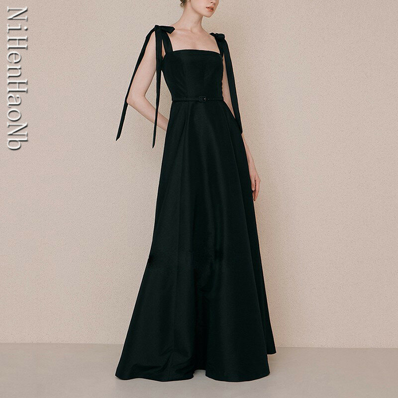 Nowa czarna elegancka satynowa suknia ślubna bez rękawów Vestido De Noiva klasyczne paski spaghetti długość do podłogi suknia ślubna o linii A Robe De Mariee