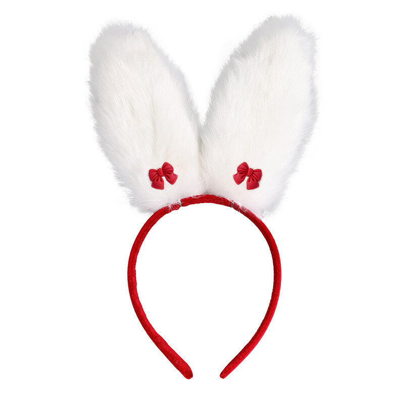 Bandeaux de cheveux en forme d'oreilles de lapin en peluche mignonnes avec nœud rouge, oreilles de lapin blanches, accessoires de cheveux pour adultes pour les femmes et les filles, pour les fêtes de cosplay de Pâques.