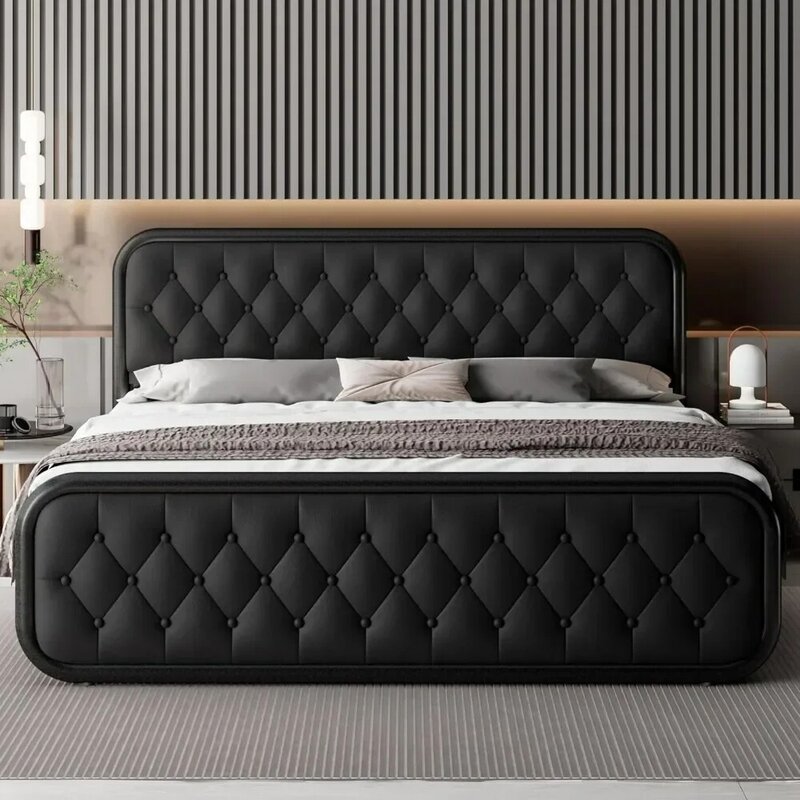 Двуспальная кровать, сверхпрочная кровать из искусственной кожи, черная, 12 дюймов, для хранения под кроватью