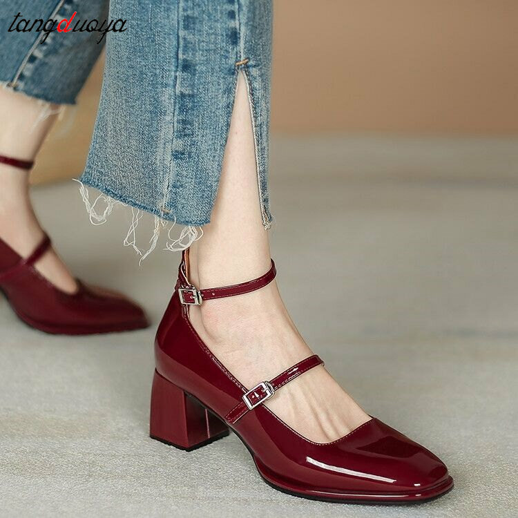 High Heel Woman Shoes Spring 2024 New French Retro Chunky Shoes for Women Mary Jane Women's Shoes Square Toe High Heels