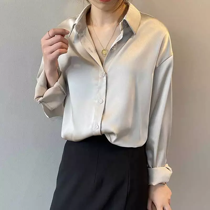 여성용 버튼업 새틴 긴팔 셔츠, 실크 블라우스, 화이트 빈티지 상의, 우아한 한국 오피스 레이디 패션, 11355