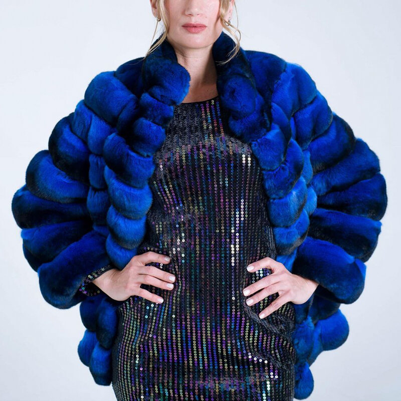 Abrigo de piel con capucha para mujer, abrigo corto de piel de conejo Rex Real, de color Chinchilla, de lujo, novedad de invierno