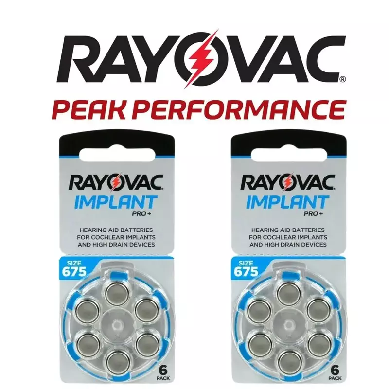 Box of Rayovac implanf Hearing Aid Batteries Size 675 A675 1.45V Blue PR44 Zinc Air (60 battery cells)