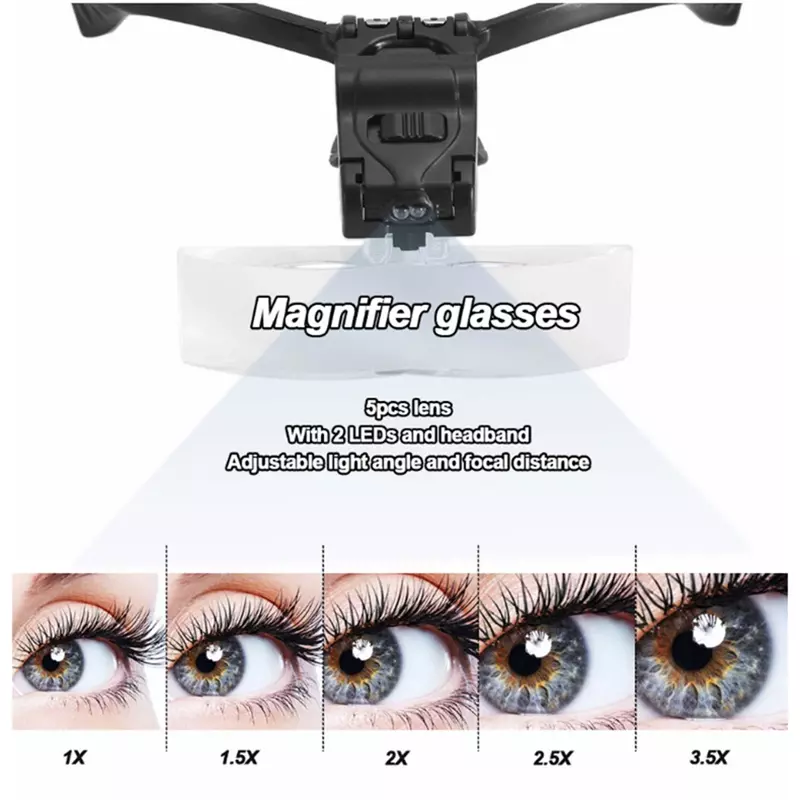 Adjustable Headband Glass Magnifier With LED Lamp 5 Lens Eyelash Extension Light Magnifying EyeGlasses Lash Makeup Accessories