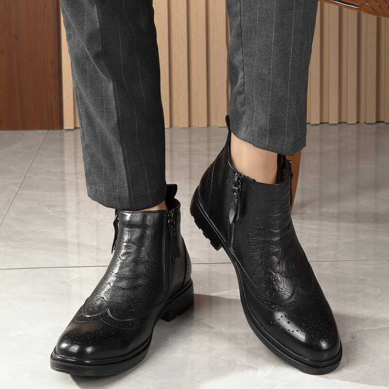 Bottes zippées en cuir véritable pour hommes, haut, chaud, court, bottes