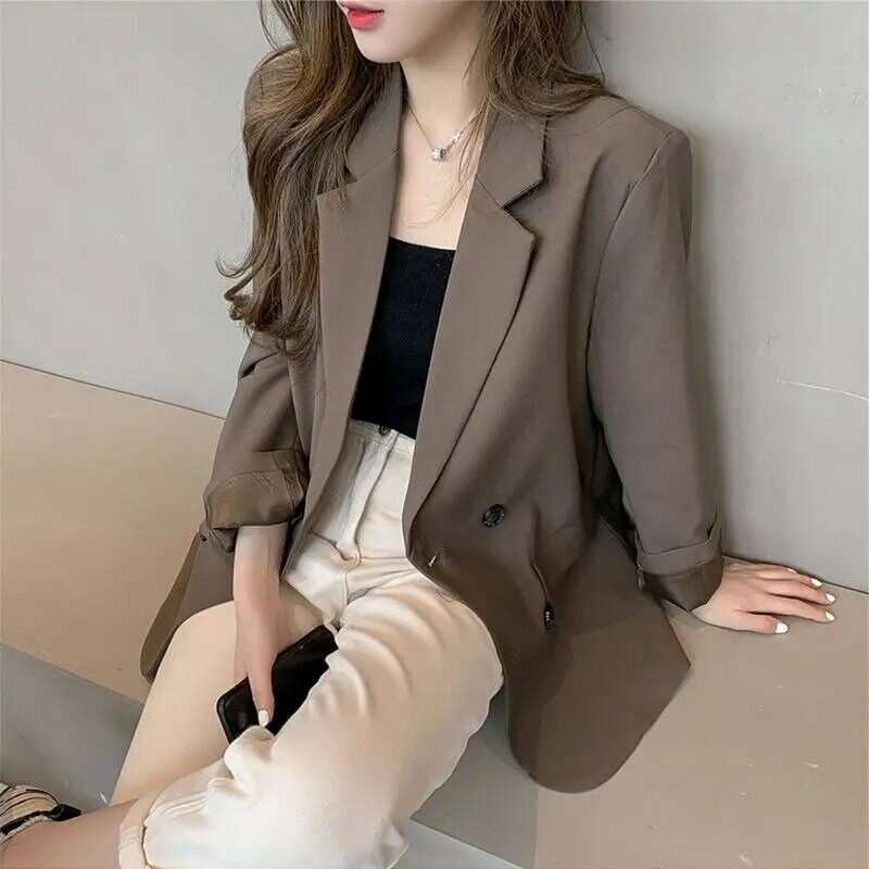 Blazer kantor wanita, setelan lengan panjang gaya Korea Chic mantel saku jaket hitam Blazer pakaian jalanan baru