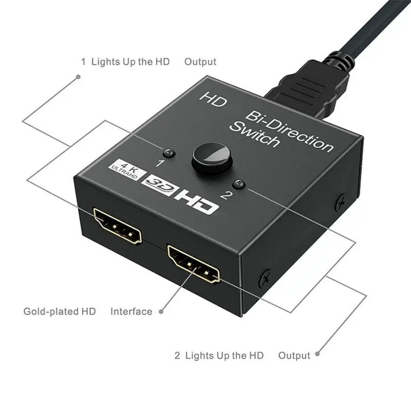 Commutateur 2.0 compatible HDMI à 2 ports, 4K, 60Hz, 2x1, 1x2, bidirectionnel, UHD, 4K x 2K, 3D, HD, 2 entrées, 1 sortie, répartiteur
