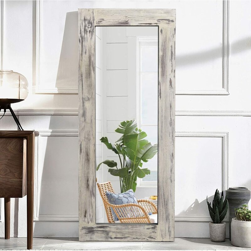 Full Body Mirror Full Length Dressing Mirror Wood Floor Mirror Solid Wood Frame 58"x24" With Standing Holder Wooden Frame