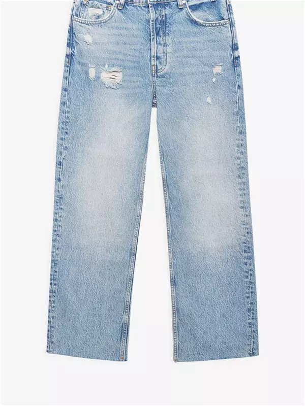 Jeans reto rasgado feminino com bolsos de zíper, calça jeans de cintura alta, simples com tudo, primavera e verão