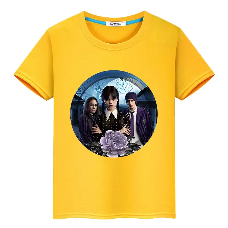Addams-Camiseta con estampado de Anime para niños y niñas, Tops cortos informales de algodón 100%, y2k, una pieza, Verano
